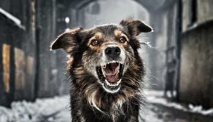 Fotobehang german shepherd dog, Top Most Aggressive Dog Breeds. Aggressive dog snarling fiercely, sharp teeth and bristled fur, dark alley , tension and danger in the air. © Bilal