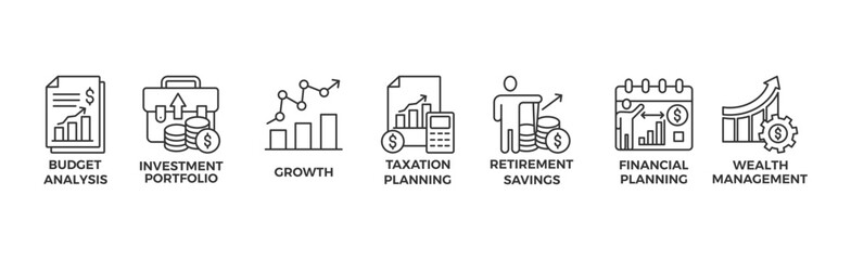 Financial strategy banner web icon vector illustration concept with icon of budget analysis, investment portfolio, growth, taxation planning,retirement savings, financial planning, wealth management