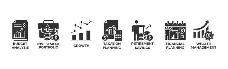 Financial strategy banner web icon vector illustration concept with icon of budget analysis, investment portfolio, growth, taxation planning,retirement savings, financial planning, wealth management