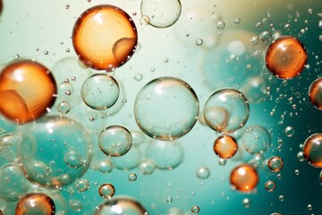 bubbles of oxygen in the water. Drops of liquid abstract turquoise green orange  background. 