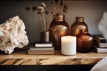 lykke  style home interior design closeup. Shelf with candle, stationery and vase decoration. Cozy hygge apartment.