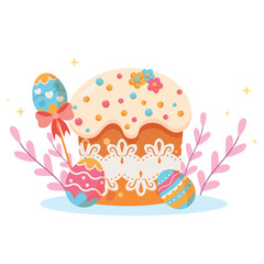 Fototapeta premium Easter card with easter cake, eggs and flowers. Easter elements. Cute Easter illustration. Spring collection of easter cakes, egg, flowers and decorations. For poster, card, scrapbooking , stickers. 