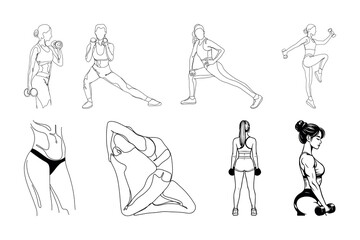 Set of hand-drawn fitness girls' collections and women's workout