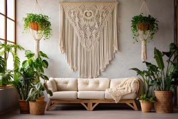 boho style macrame decor on the wall with green houseplants. Yoga studio lounge interior. Cozy home apartment.