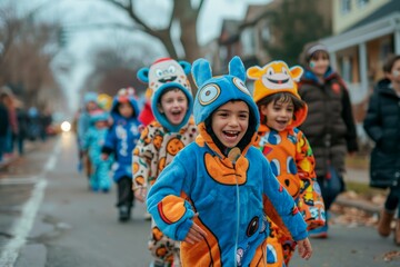 Group of Joyful Children in Colorful Costumes Laughing and Walking Together at a Festive Street Parade