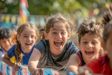Fototapeta premium Happy Children Laughing and Enjoying Outdoor Fun Race on Sunny Day in the Park