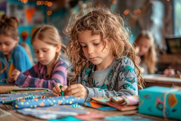 Fototapeta premium Engaged Children Focused on Creative Art Projects in Colorful Classroom Environment, School Kids Painting during Art Class
