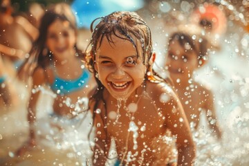 Obraz premium Joyful Child Playing and Splashing Water in Summer Sunshine at Outdoor Pool Party