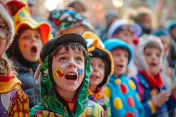 Excited Child in Clown Costume with Face Paint at Colorful Carnival Event Surrounded by Kids in Festive Outfits