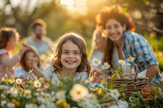 Happy Family Enjoying a Summer Day Together in a Daisies Field with Smiling Child in Foreground