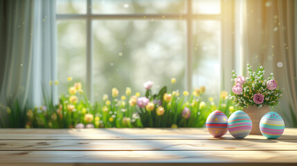 Abstract wooden tabletop with easter eggs and flower, copy space over blurred window interior...