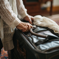 Obraz premium A 50-60 year old woman is packing her suitcase for a trip. Tourism, travel concept.