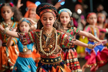 Colorful Traditional Costume Parade with Joyful Children Dancing in a Cultural Festival Celebration