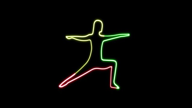 Glowing yoga animation sign. Yoga neon sign animation. neon line Meditating person silhouette on black background. Neon glowing sign of yoga exercices club on black background.