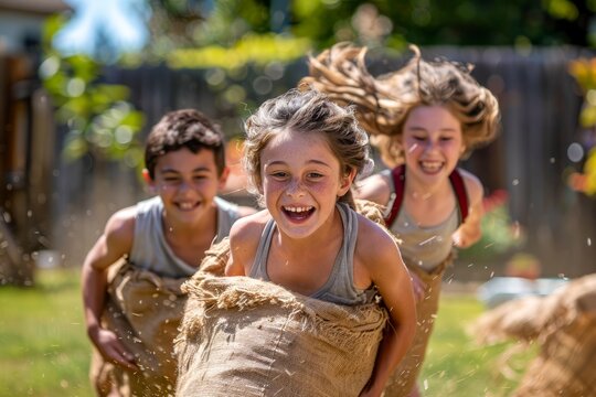 Joyful Children Playing Sack Race in Sunny Backyard, Energetic Outdoor Summer Activity, Excited Kids in Motion