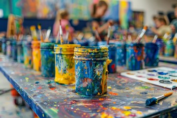 Colorful Art Studio Interior with Paint Jars, Brushes, and Paint Splatters on Wooden Table