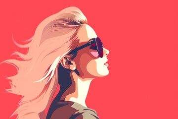 beautiful caucasian woman in sunglasses flat illustration. Optics eyewear salon poster. Confident woman, fashion and style.