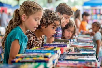 Group of Children Engaged in Book Selection at a Colorful Outdoor Book Fair on a Sunny Day