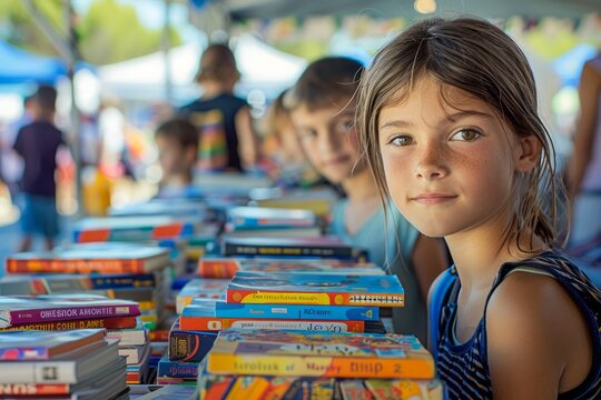 Young Girl Exploring a Book Fair, Youthful Curiosity Amidst Stacks of Colorful Literature