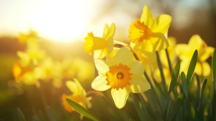 Crédence de cuisine en verre imprimé Jaune Close-up of yellow daffodil flowers blooming in spring. Bokeh sunny background. Spring landscape concept. Generative AI
