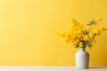 spring minimal yellow mimosa flowers in vase easter decoration on background with copy space left - obrazy, fototapety, plakaty