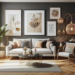 Cozy Modern Living Room with Stylish Decor and Furniture , wall Art , Poster , Interior Design