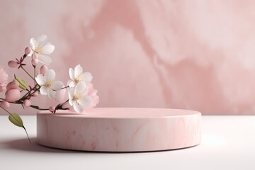 Fototapeta na wymiar minimal pink round podium with branch with spring blossom and pastel marble background