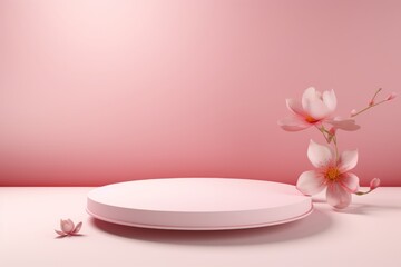 Fototapeta na wymiar minimal pink round podium with branch with spring blossom and pastel color background