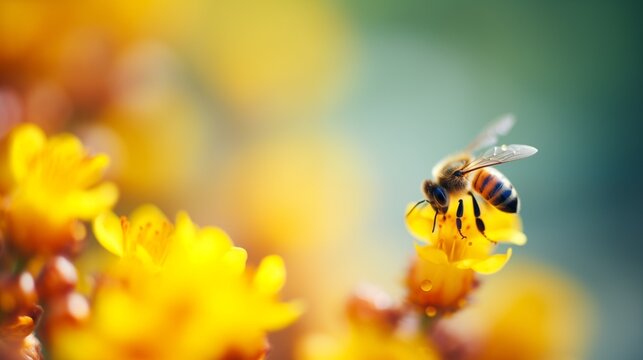 Honeybee harvesting pollen from blooming yellow flowers. Macro shoot