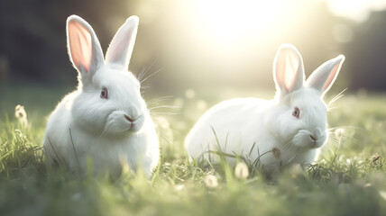 adorable white bunny nibbling on fresh grass in a serene garden on meadow background