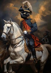 Fototapeta na wymiar A Black cat dressed as Napoleon riding on white horse the battlefield, generated with AI