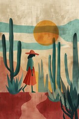 A woman with hat walks along rift cacti, in the style of graphic design-inspired illustrations, generated with AI