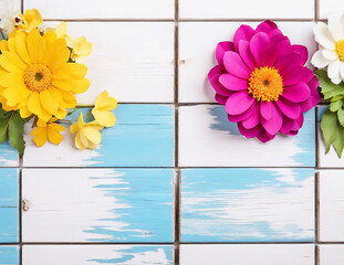 Colorful Flowers On White Wood Texture Background. Ai generate