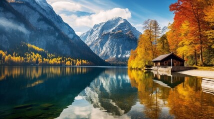A breathtaking Scenic landscape with a Lake, bright yellow orange trees, a House, High Snowy Mountains against a blue sky on a sunny day. Horizontal Natural banner, Autumn concept.