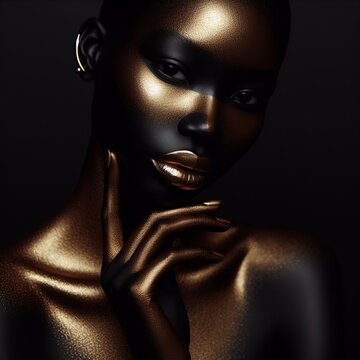 Beautiful black woman with golden make-up on dark background. 