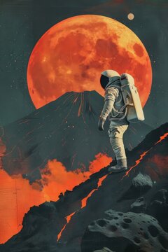 an astronaut walks along a volcano with moon in background , retro comic illustration, generated with AI