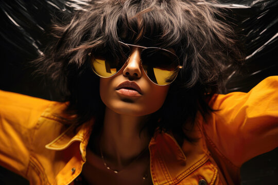 Edgy woman in yellow aviator sunglasses and tousled hair, exuding a cool, rebellious vibe.