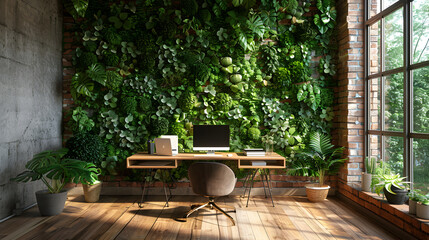 Fototapeta na wymiar Industrial style of living room design with green wall,Interior Design With A Vertical Garden A 3d Render Of A Lush Living Wall Background 