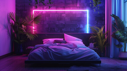 A moody and atmospheric neon bedroom with deep purple and blue neon lights