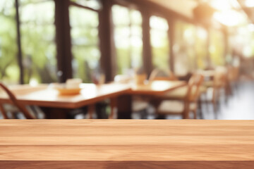 Wood table with blurred cozy cafe