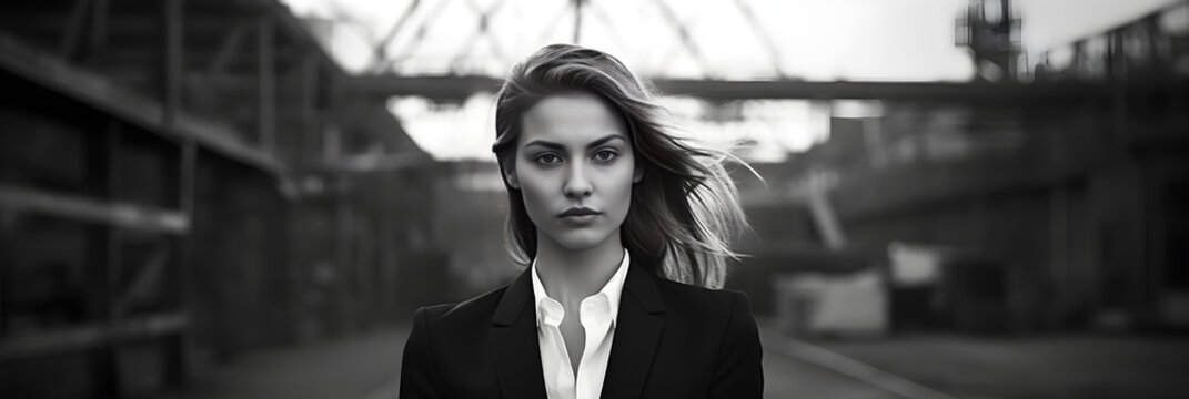 Monochrome Image of a Fashion Forward Woman in Stylish Suit Posing in Urban Environment