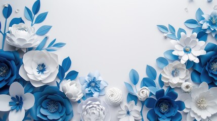 frame with white and blue paper flowers on white background