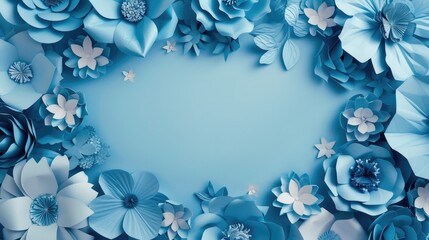 frame with blue paper flowers on blue background