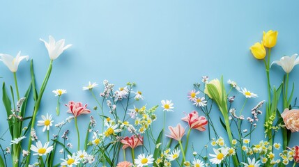 Spring and summer wildflowers. Flowers on blue background