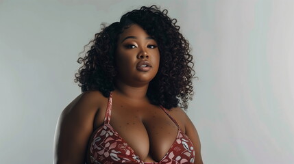 Body positivity and self love concept. Waist up shot of joyful body positive young woman love own body wears beige lingerie poses over white wall - obrazy, fototapety, plakaty