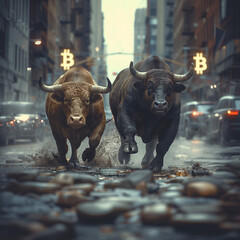 Bulls in front of Bitcoin Cryptocurrency sign running down Wall Street
