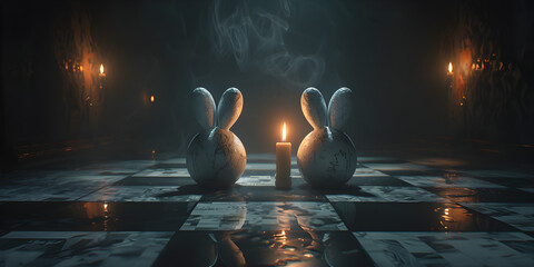 Spooky easter decoration on black chess 

