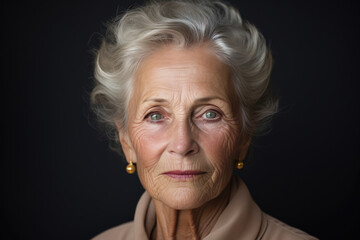Elegant elderly woman with striking silver hair and wise eyes.