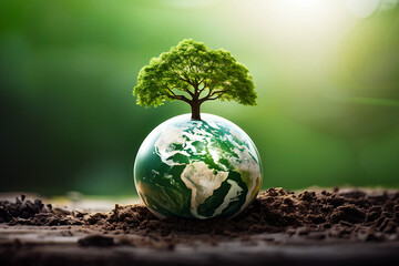 Renewable energy concept Earth Day or environment protection, concept of earth protection day, green earth with tree, generative ai