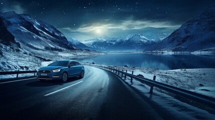 A Picturesque Winter Night Landscape. View of a car driving along an empty mountain road under the night starry sky.